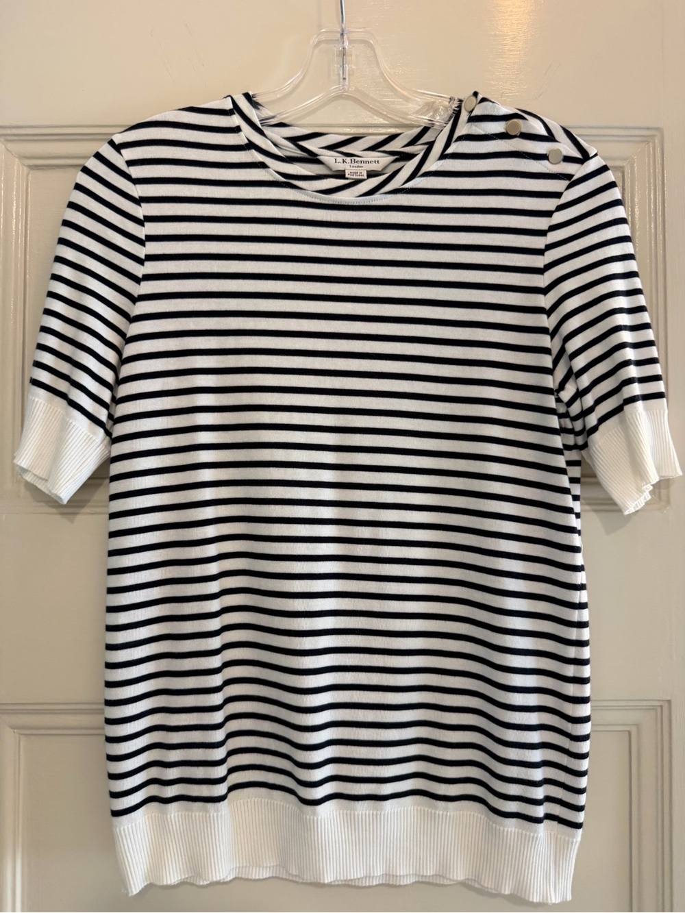 LK Bennett Cream & Navy Striped Short Sleeve Knit Top - Size Small